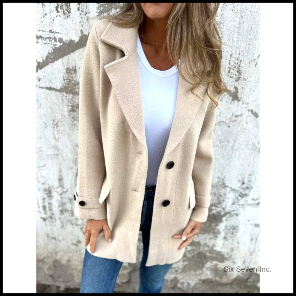 Wool Blended Pea Coat Mid Length Notch Lapel Long Sleeve - Picture 2 of 4